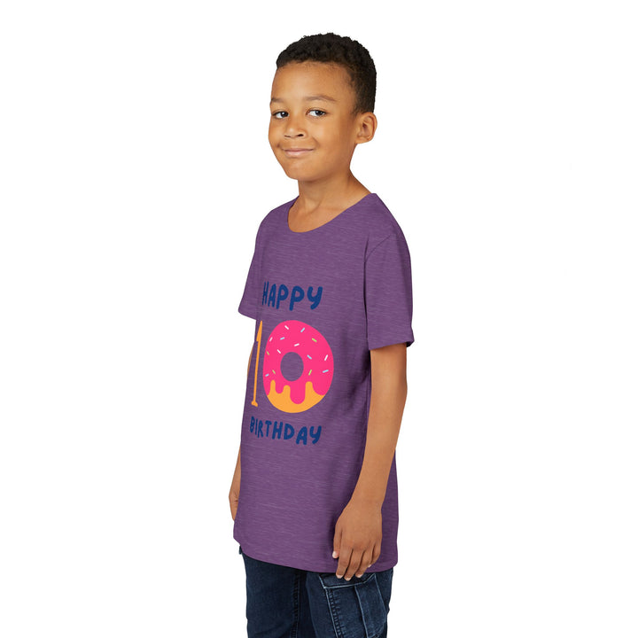 10th Birthday Youth Tee – Pink Donut "Happy 10 Birthday" Kids Shirt