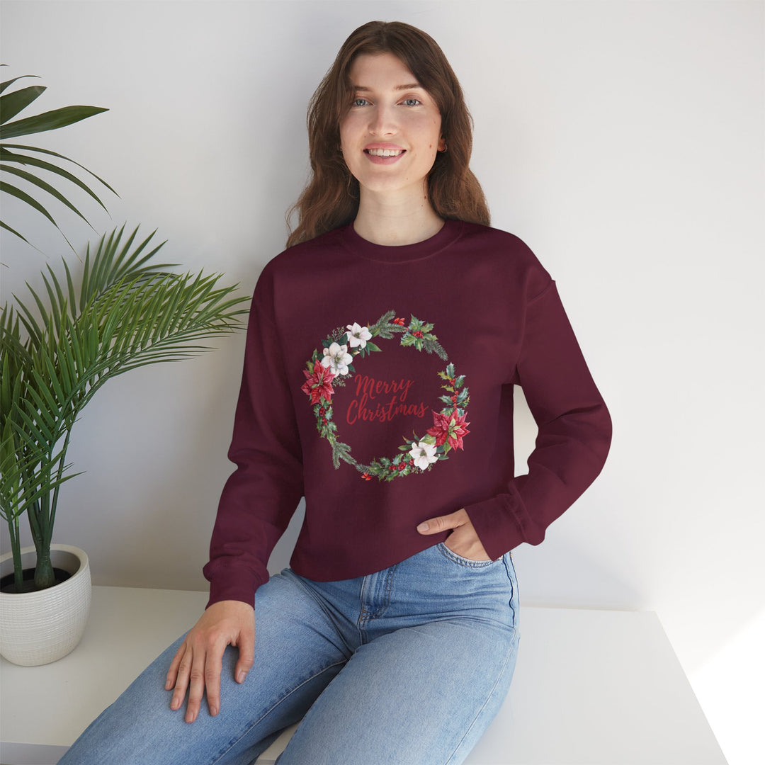 Christmas Poinsettia Wreath Sweatshirt — "Merry Christmas" Holiday Crewneck