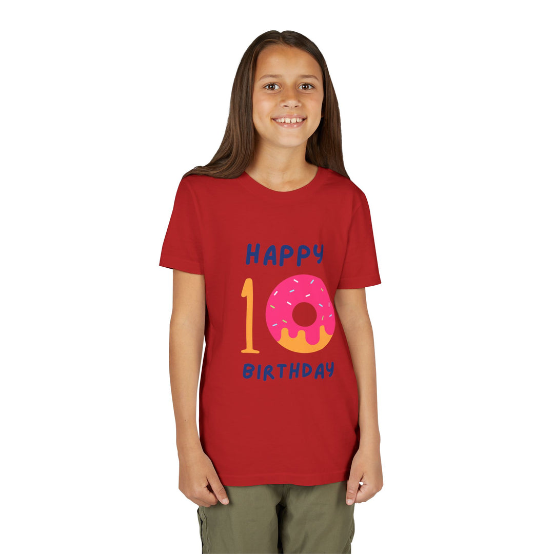 10th Birthday Youth Tee – Pink Donut "Happy 10 Birthday" Kids Shirt