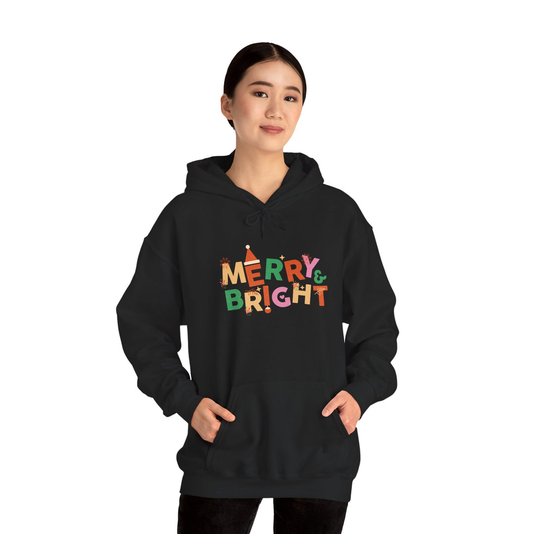Merry & Bright Holiday Hoodie — Colorful Christmas Graphic Sweatshirt