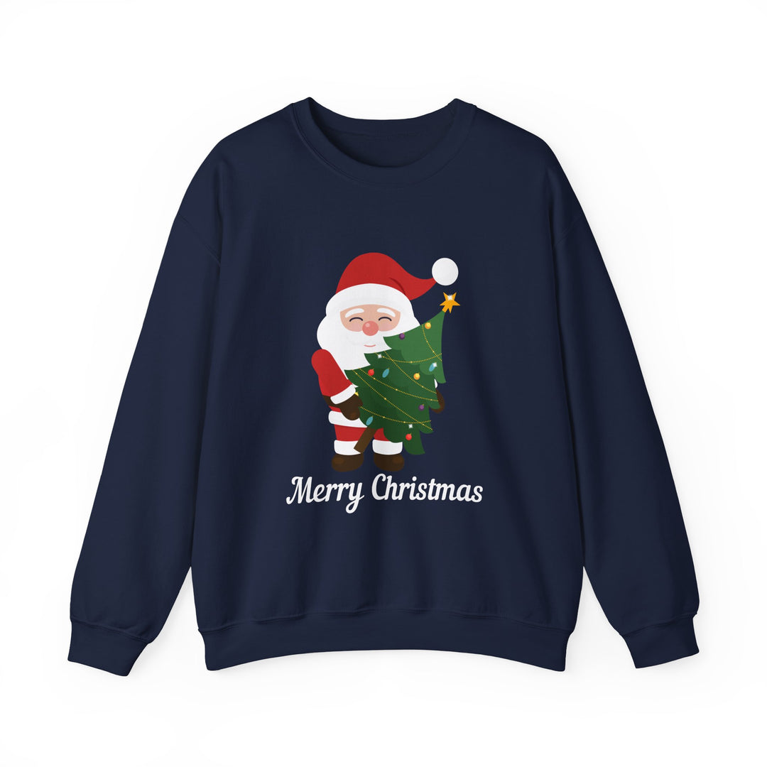 Christmas Sweatshirt – Cute Santa Hugging Christmas Tree “Merry Christmas” Holiday Crewneck