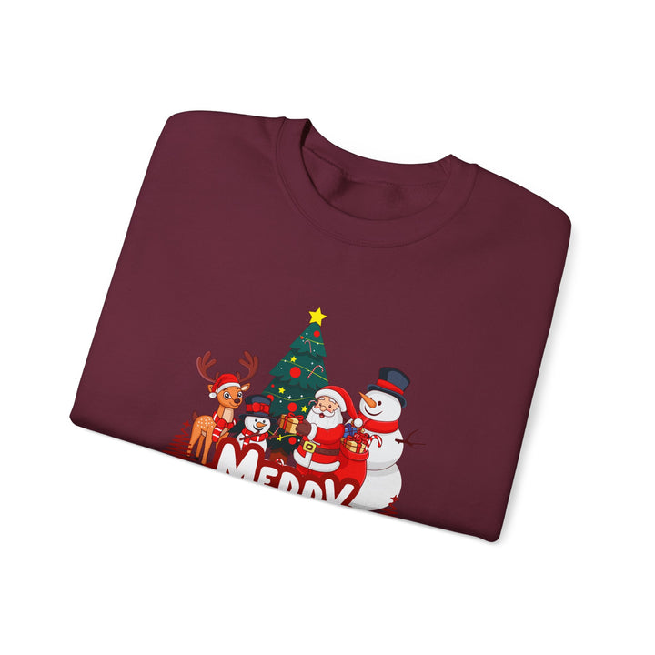 Christmas Crewneck Sweatshirt — 'Merry Christmas' Festive Holiday Sweatshirt with Santa, Reindeer & Snowman