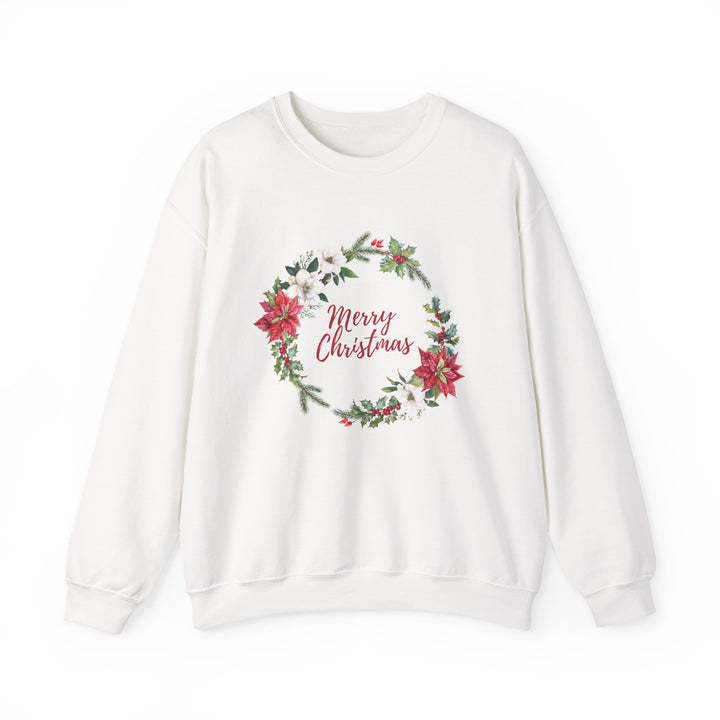 Christmas Poinsettia Wreath Sweatshirt — "Merry Christmas" Holiday Crewneck