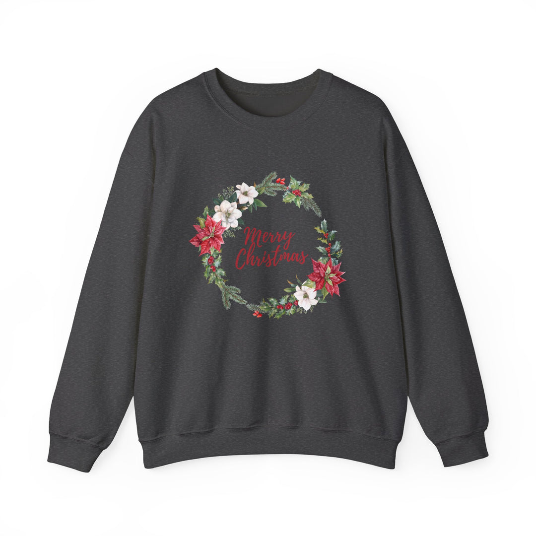 Christmas Poinsettia Wreath Sweatshirt — "Merry Christmas" Holiday Crewneck