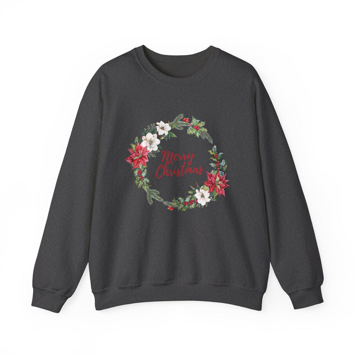 Christmas Poinsettia Wreath Sweatshirt — "Merry Christmas" Holiday Crewneck