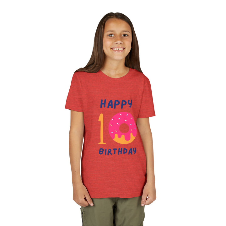 10th Birthday Youth Tee – Pink Donut "Happy 10 Birthday" Kids Shirt