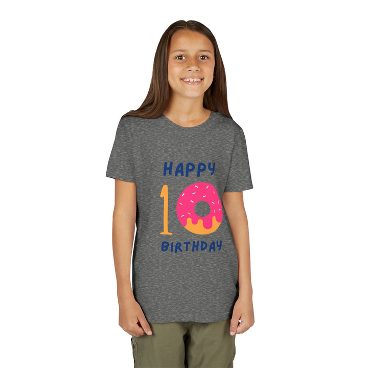 10th Birthday Youth Tee – Pink Donut "Happy 10 Birthday" Kids Shirt