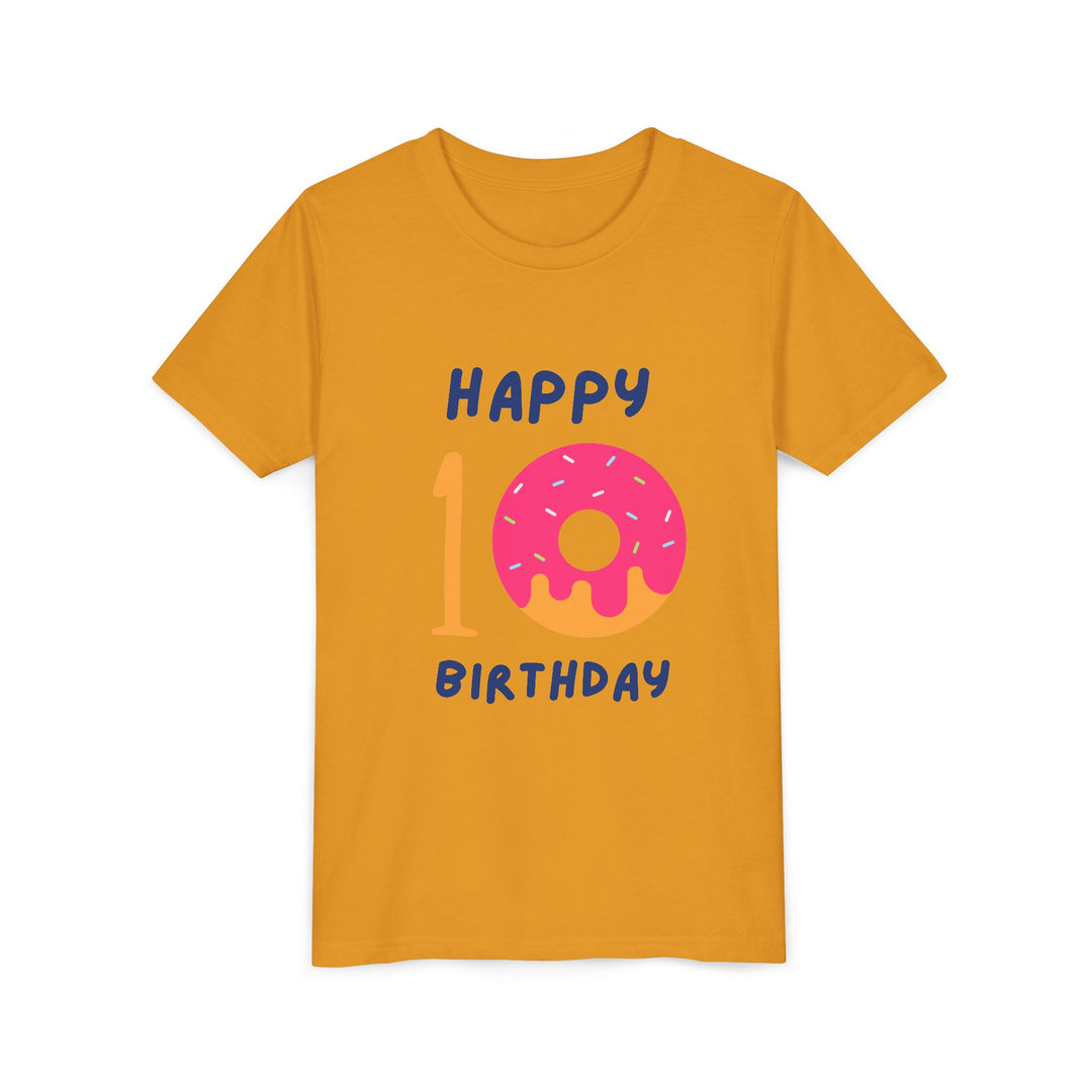 10th Birthday Youth Tee – Pink Donut "Happy 10 Birthday" Kids Shirt