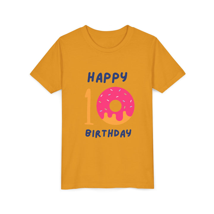 10th Birthday Youth Tee – Pink Donut "Happy 10 Birthday" Kids Shirt
