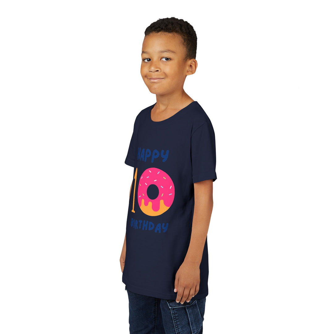 10th Birthday Youth Tee – Pink Donut "Happy 10 Birthday" Kids Shirt