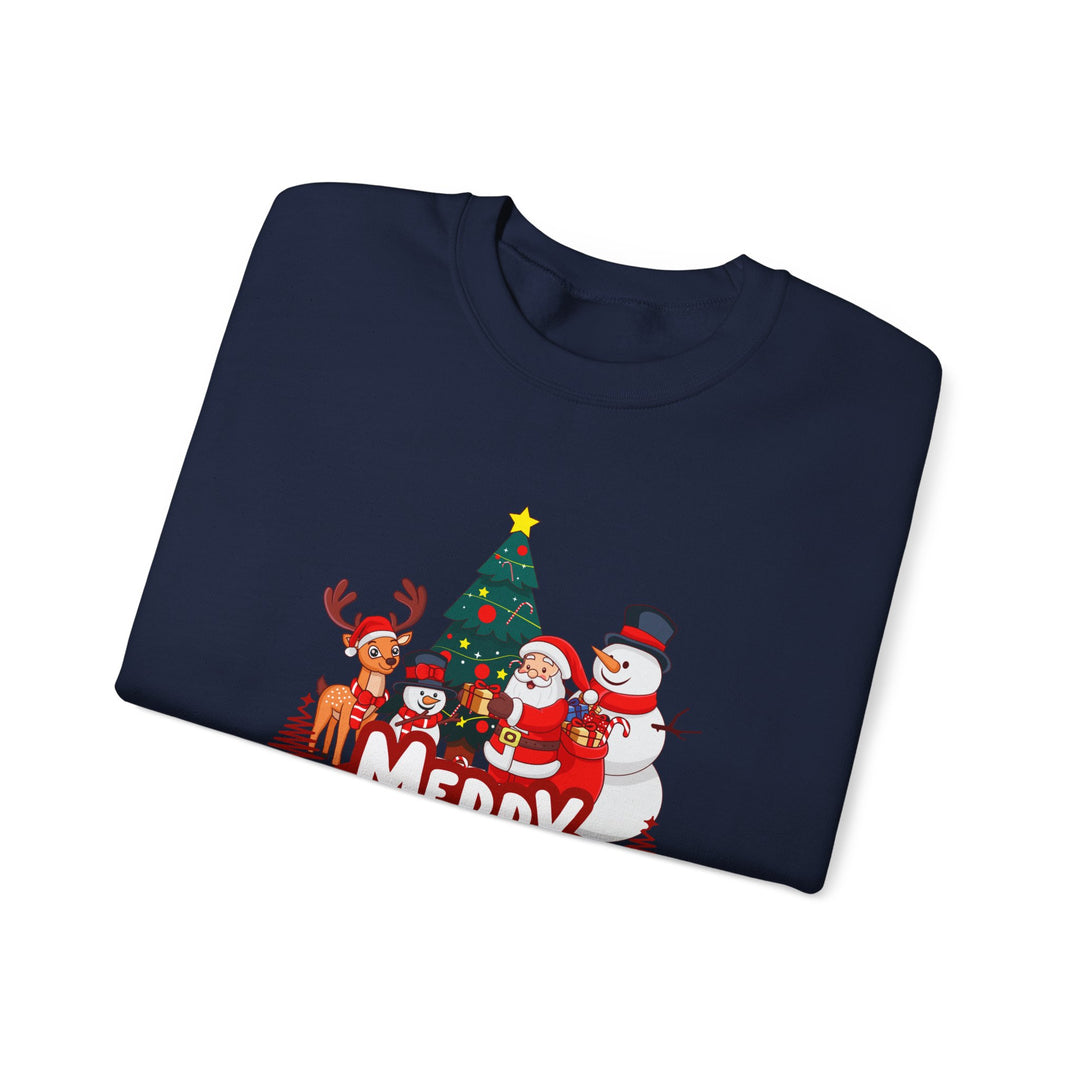 Christmas Crewneck Sweatshirt — 'Merry Christmas' Festive Holiday Sweatshirt with Santa, Reindeer & Snowman