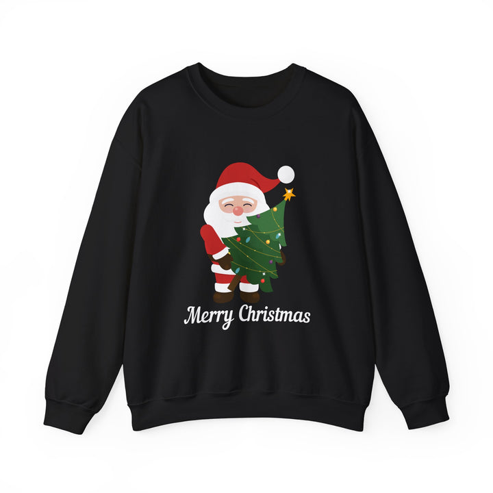 Christmas Sweatshirt – Cute Santa Hugging Christmas Tree “Merry Christmas” Holiday Crewneck
