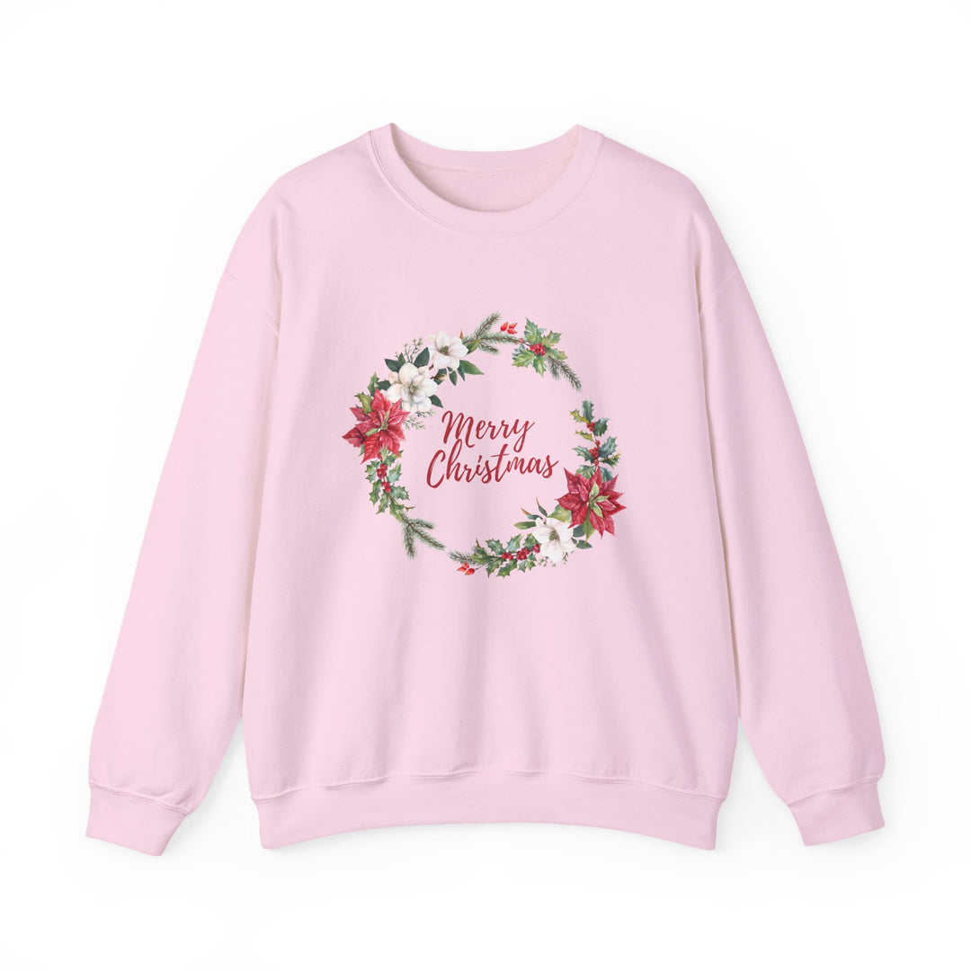 Christmas Poinsettia Wreath Sweatshirt — "Merry Christmas" Holiday Crewneck