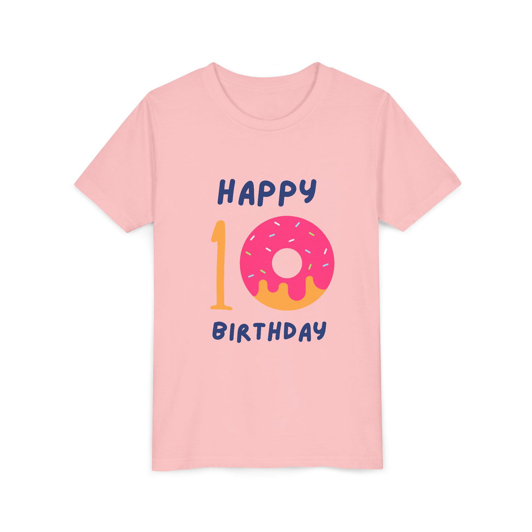10th Birthday Youth Tee – Pink Donut "Happy 10 Birthday" Kids Shirt