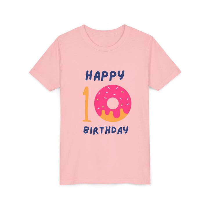 10th Birthday Youth Tee – Pink Donut "Happy 10 Birthday" Kids Shirt