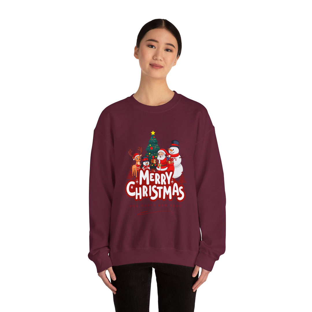 Christmas Crewneck Sweatshirt — 'Merry Christmas' Festive Holiday Sweatshirt with Santa, Reindeer & Snowman
