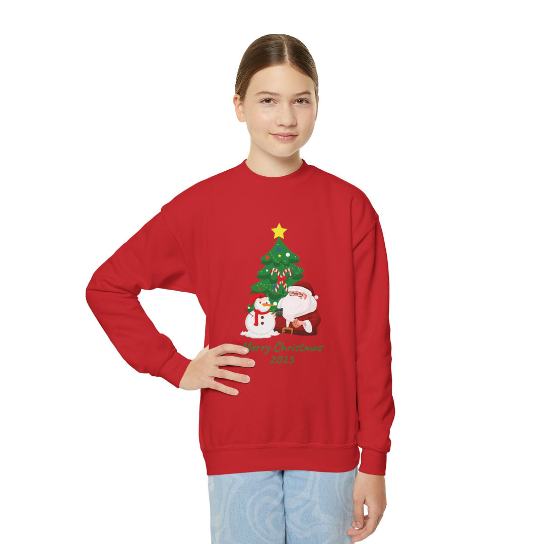 Youth Christmas Crewneck Sweatshirt — 'Merry Christmas 2025' Santa & Snowman Tree Design
