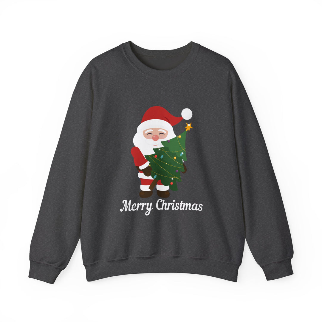 Christmas Sweatshirt – Cute Santa Hugging Christmas Tree “Merry Christmas” Holiday Crewneck