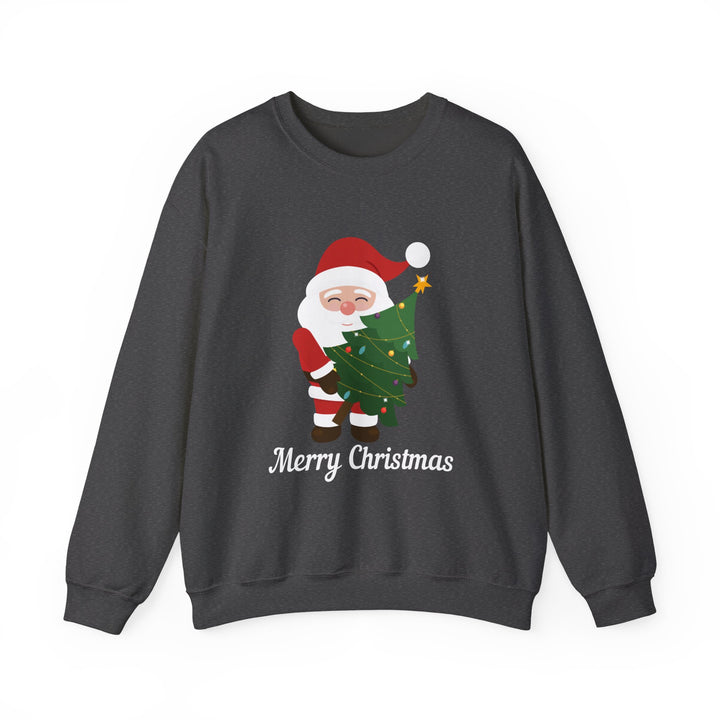 Christmas Sweatshirt – Cute Santa Hugging Christmas Tree “Merry Christmas” Holiday Crewneck