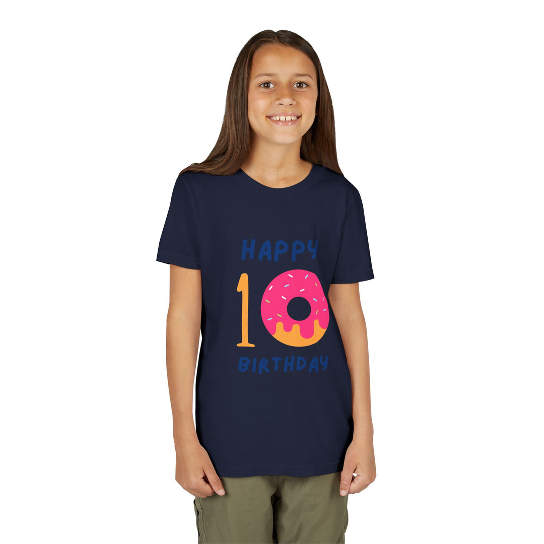 10th Birthday Youth Tee – Pink Donut "Happy 10 Birthday" Kids Shirt