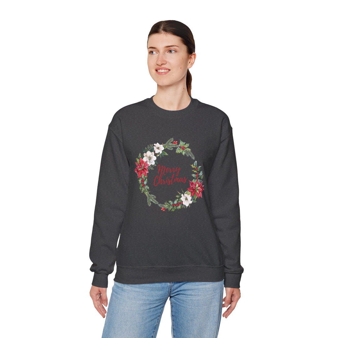 Christmas Poinsettia Wreath Sweatshirt — "Merry Christmas" Holiday Crewneck