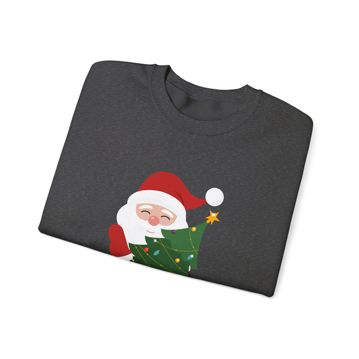 Christmas Sweatshirt – Cute Santa Hugging Christmas Tree “Merry Christmas” Holiday Crewneck