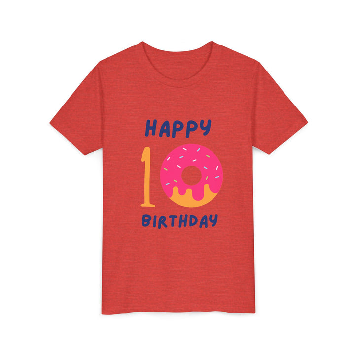 10th Birthday Youth Tee – Pink Donut "Happy 10 Birthday" Kids Shirt