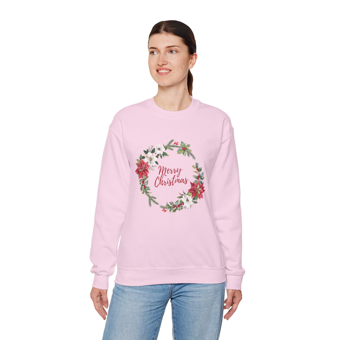 Christmas Poinsettia Wreath Sweatshirt — "Merry Christmas" Holiday Crewneck