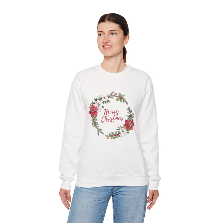 Christmas Poinsettia Wreath Sweatshirt — "Merry Christmas" Holiday Crewneck