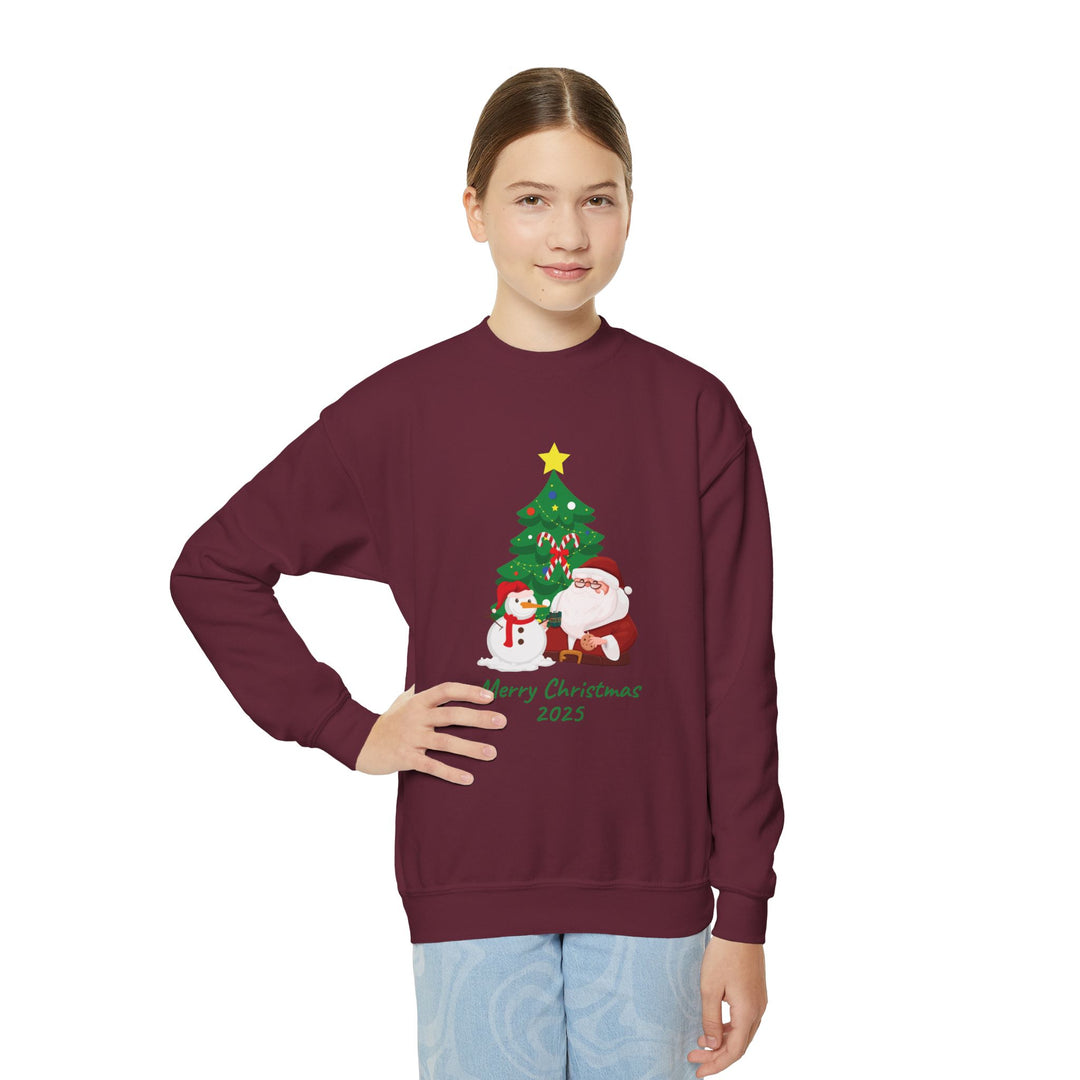 Youth Christmas Crewneck Sweatshirt — 'Merry Christmas 2025' Santa & Snowman Tree Design