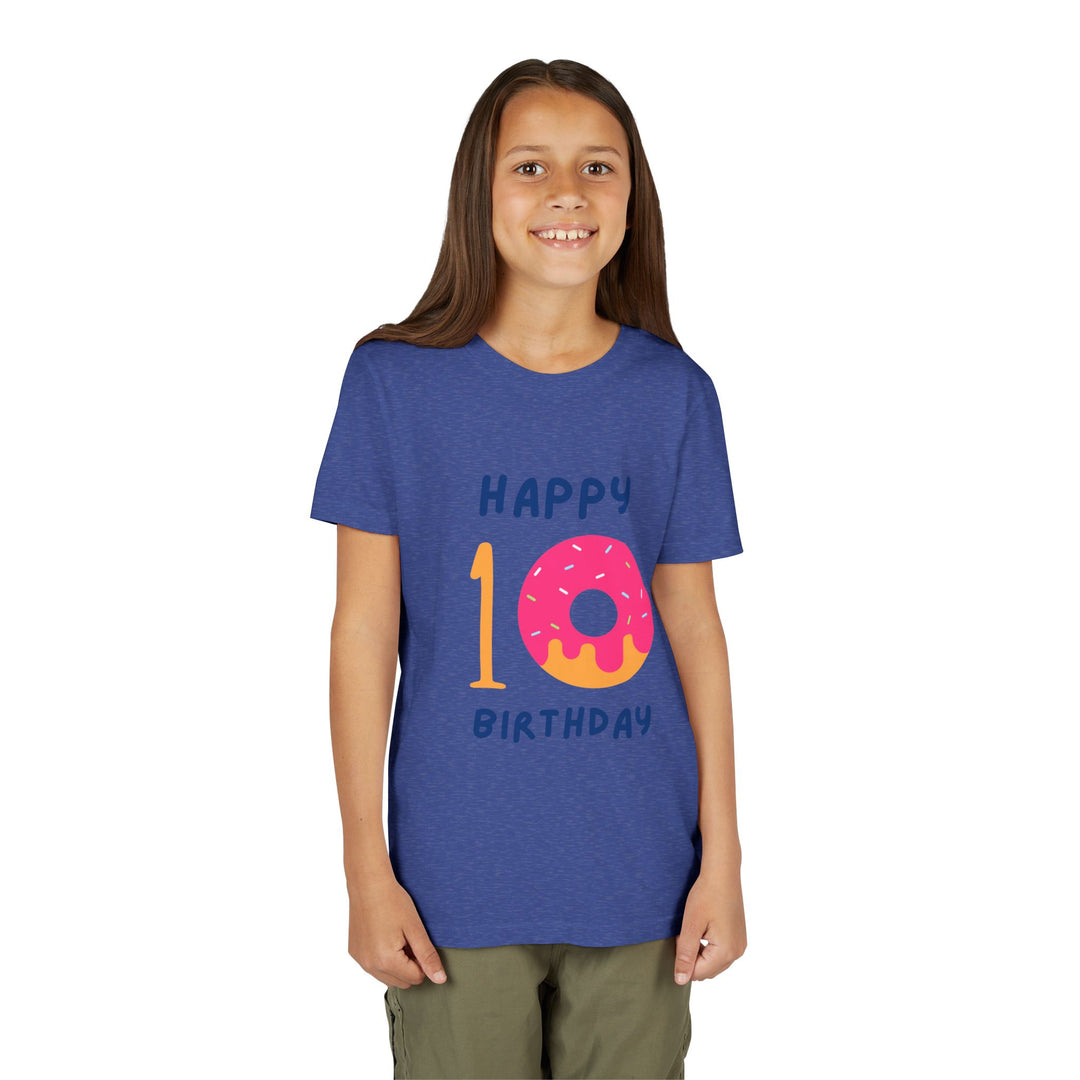10th Birthday Youth Tee – Pink Donut "Happy 10 Birthday" Kids Shirt
