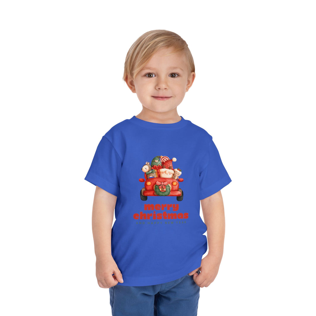 Toddler Tee — Cute Santa in Car “Merry Christmas and Happy New Year” Holiday Tee