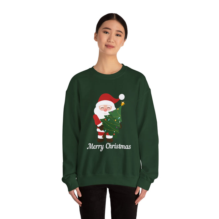 Christmas Sweatshirt – Cute Santa Hugging Christmas Tree “Merry Christmas” Holiday Crewneck