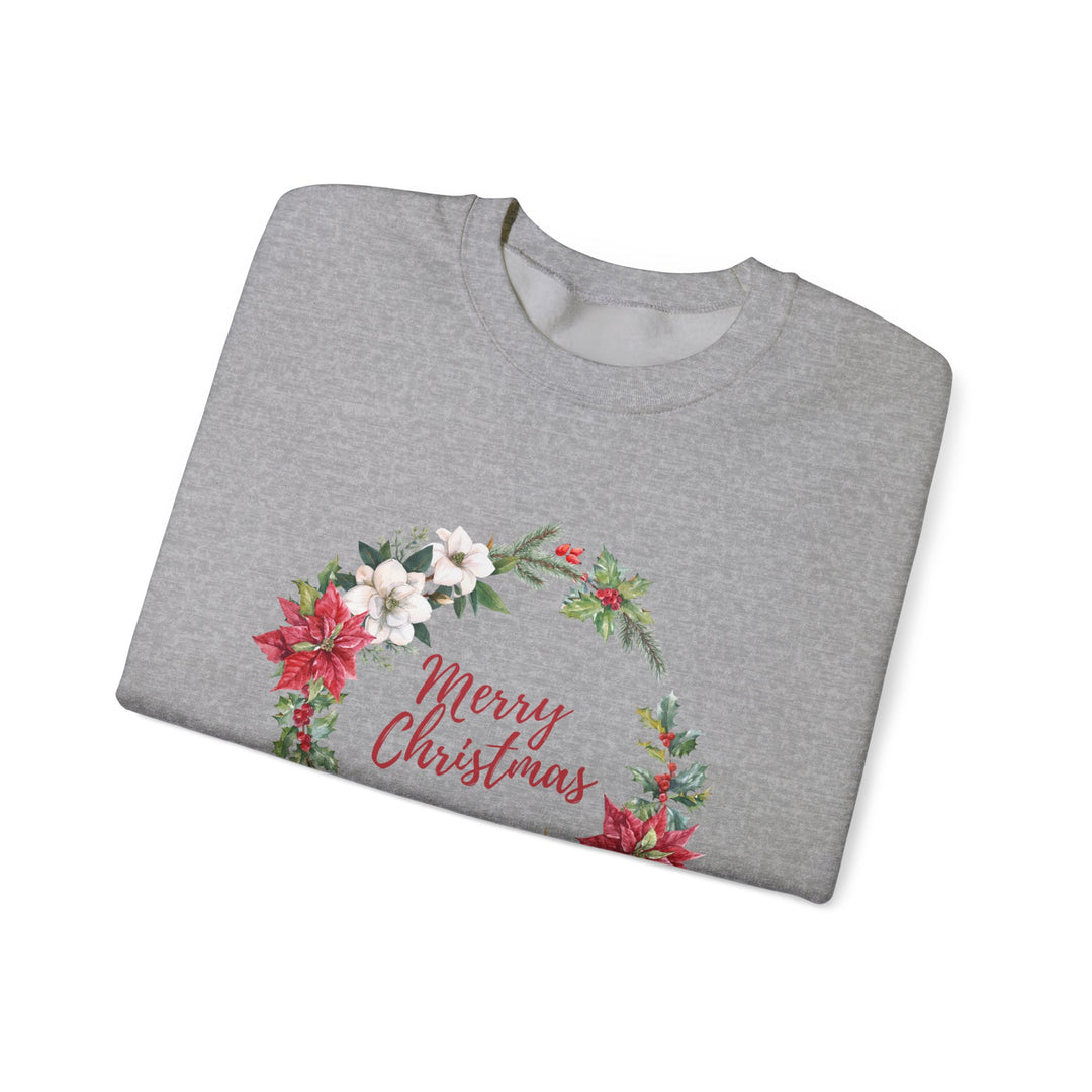 Christmas Poinsettia Wreath Sweatshirt — "Merry Christmas" Holiday Crewneck