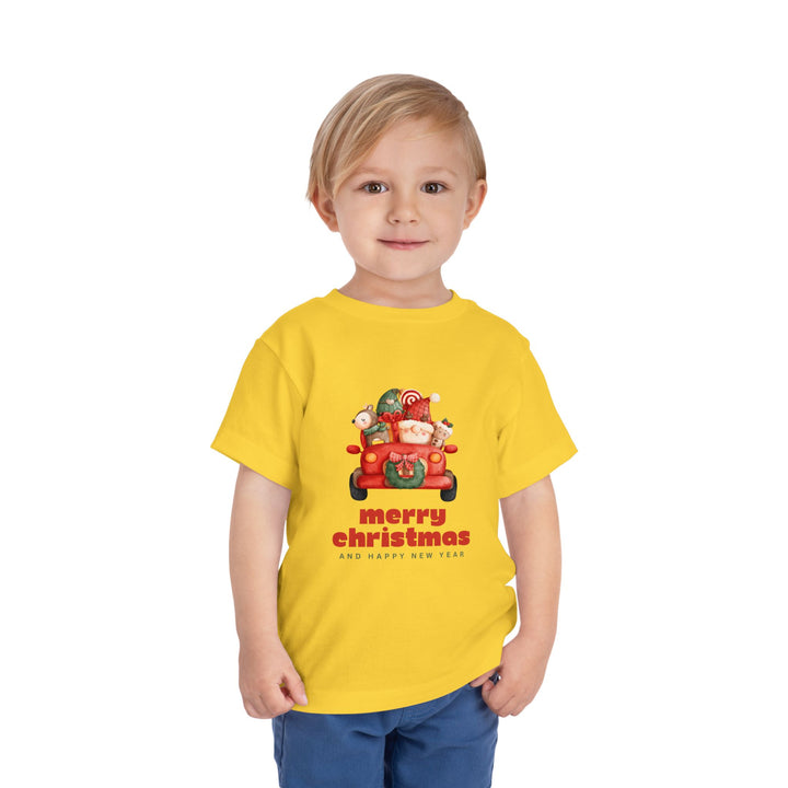 Toddler Tee — Cute Santa in Car “Merry Christmas and Happy New Year” Holiday Tee