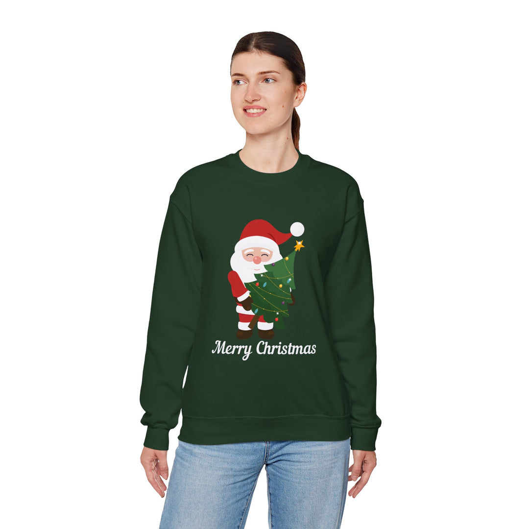 Christmas Sweatshirt – Cute Santa Hugging Christmas Tree “Merry Christmas” Holiday Crewneck