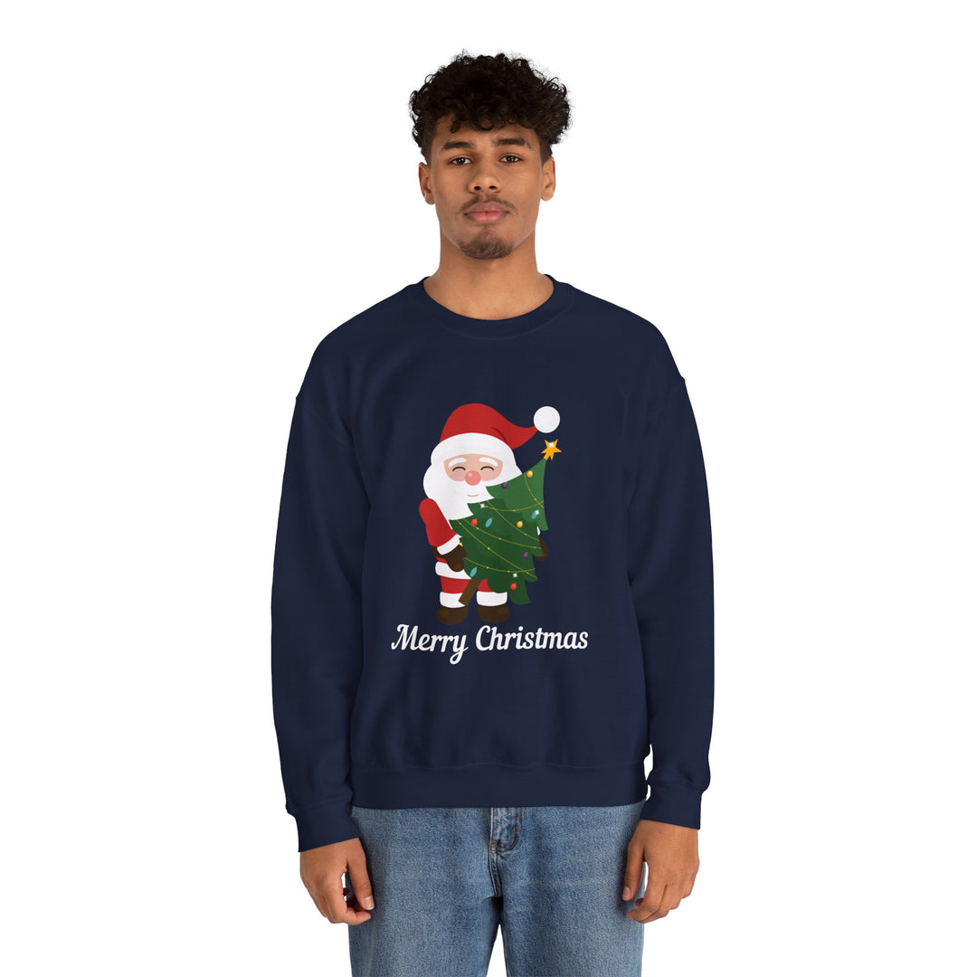 Christmas Sweatshirt – Cute Santa Hugging Christmas Tree “Merry Christmas” Holiday Crewneck