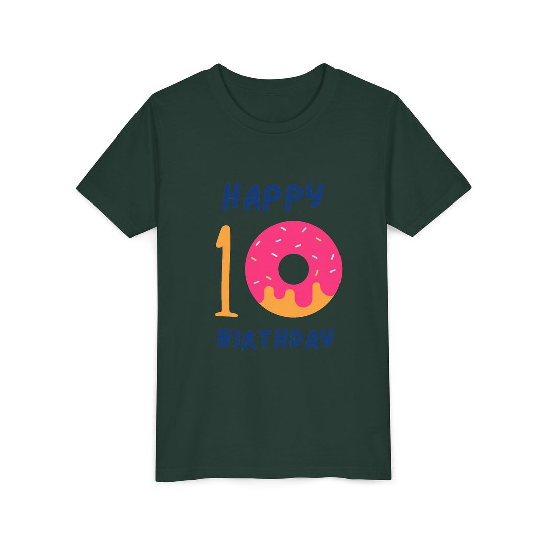 10th Birthday Youth Tee – Pink Donut "Happy 10 Birthday" Kids Shirt