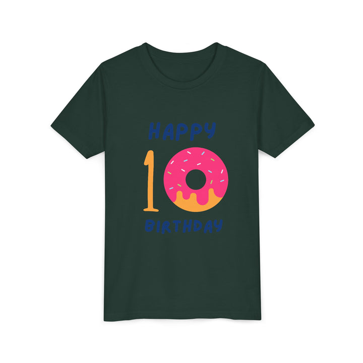 10th Birthday Youth Tee – Pink Donut "Happy 10 Birthday" Kids Shirt