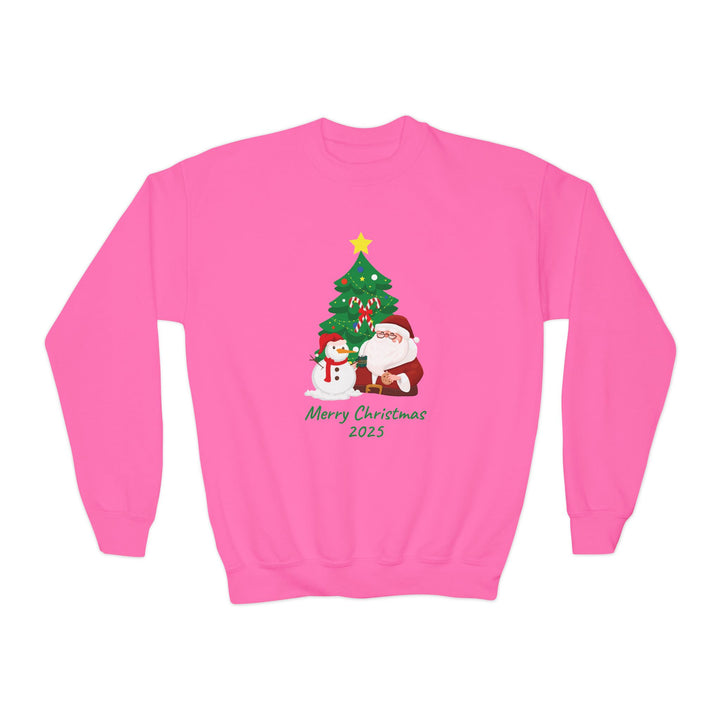 Youth Christmas Crewneck Sweatshirt — 'Merry Christmas 2025' Santa & Snowman Tree Design