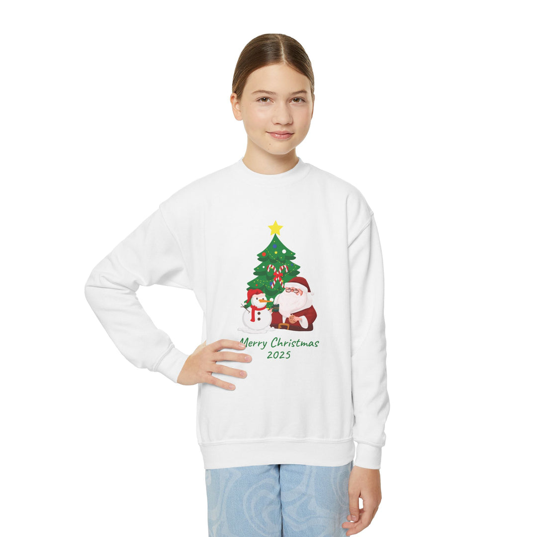 Youth Christmas Crewneck Sweatshirt — 'Merry Christmas 2025' Santa & Snowman Tree Design