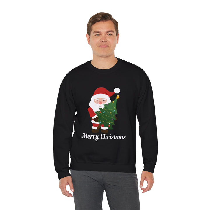 Christmas Sweatshirt – Cute Santa Hugging Christmas Tree “Merry Christmas” Holiday Crewneck