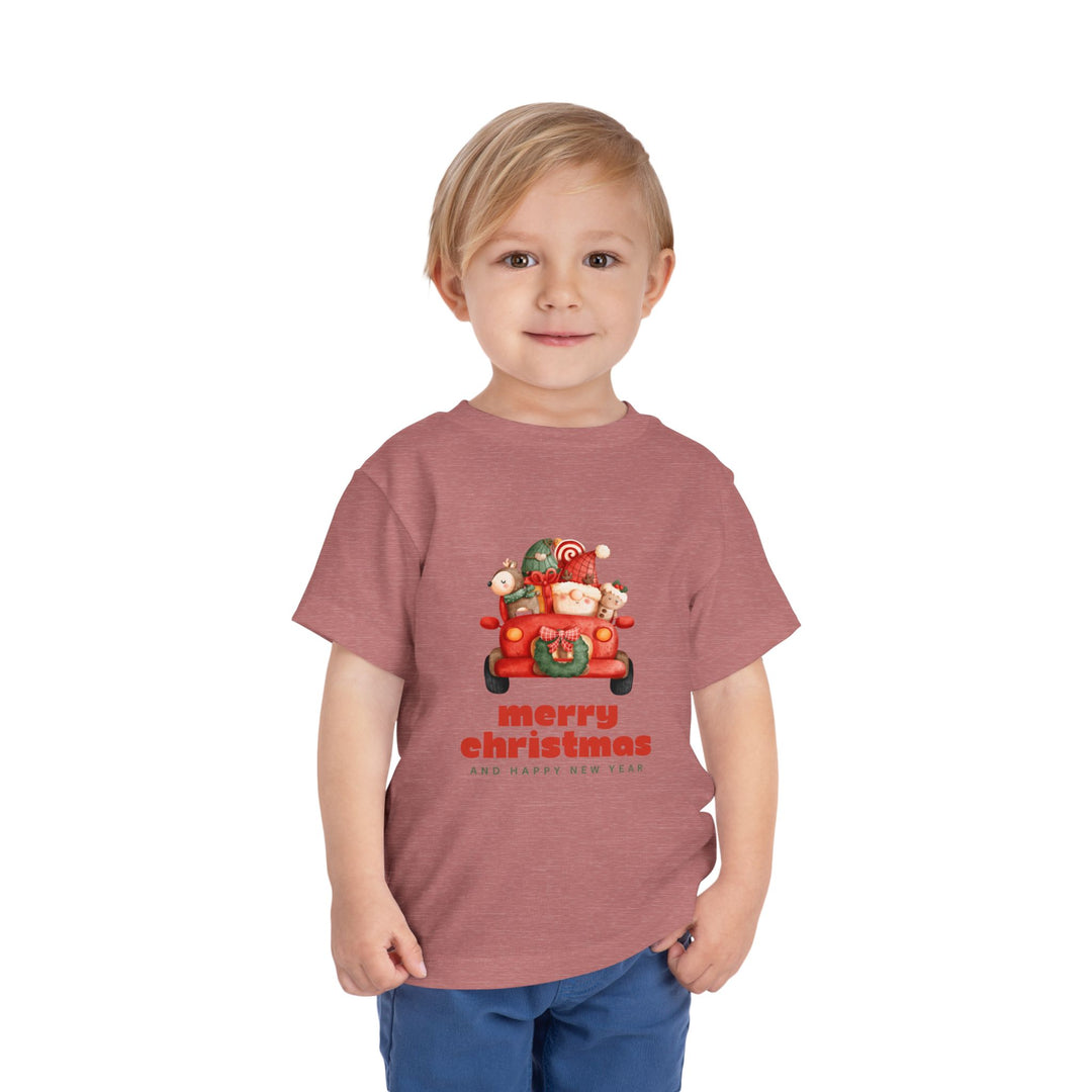 Toddler Tee — Cute Santa in Car “Merry Christmas and Happy New Year” Holiday Tee