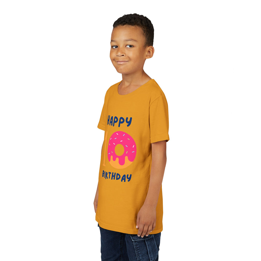 10th Birthday Youth Tee – Pink Donut "Happy 10 Birthday" Kids Shirt