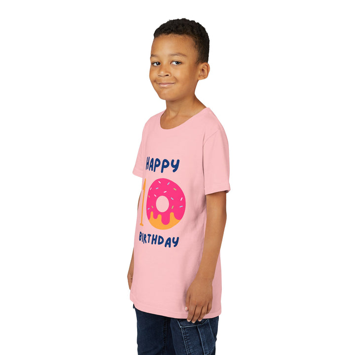 10th Birthday Youth Tee – Pink Donut "Happy 10 Birthday" Kids Shirt