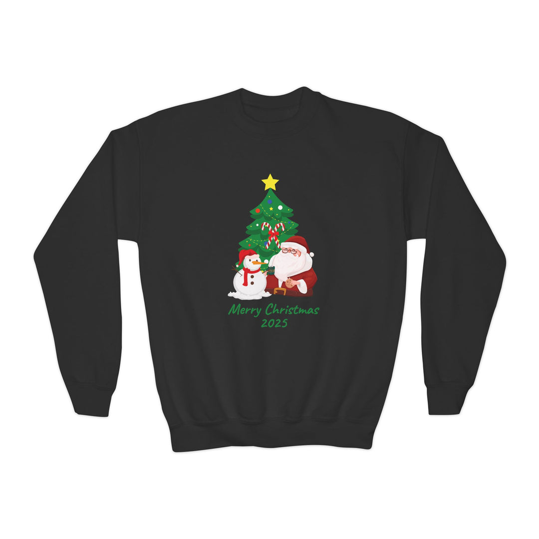 Youth Christmas Crewneck Sweatshirt — 'Merry Christmas 2025' Santa & Snowman Tree Design