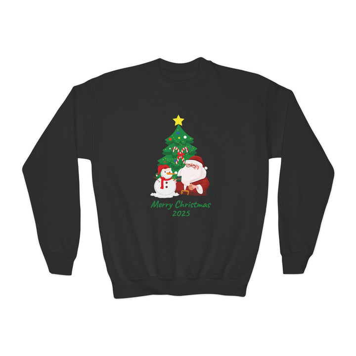 Youth Christmas Crewneck Sweatshirt — 'Merry Christmas 2025' Santa & Snowman Tree Design