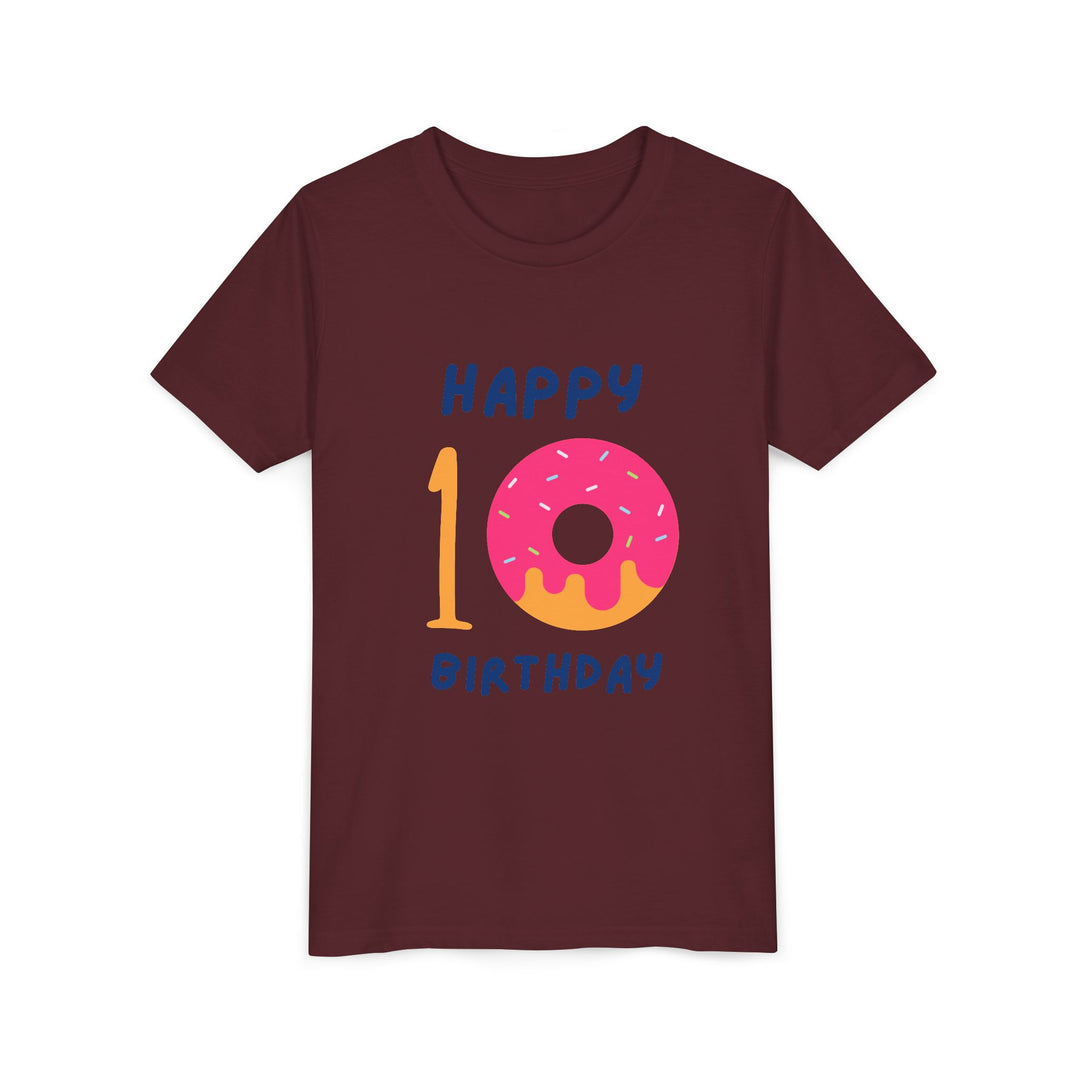 10th Birthday Youth Tee – Pink Donut "Happy 10 Birthday" Kids Shirt