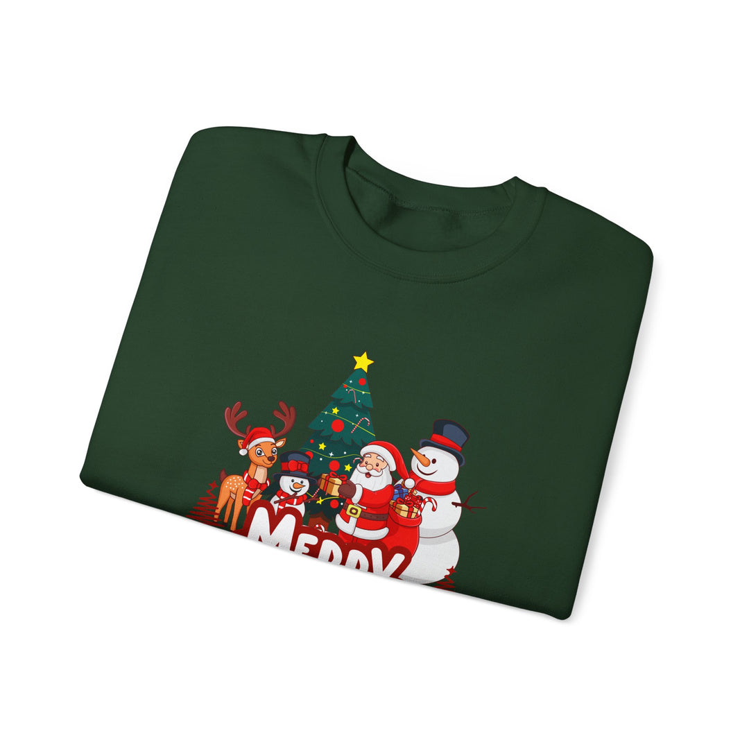 Christmas Crewneck Sweatshirt — 'Merry Christmas' Festive Holiday Sweatshirt with Santa, Reindeer & Snowman