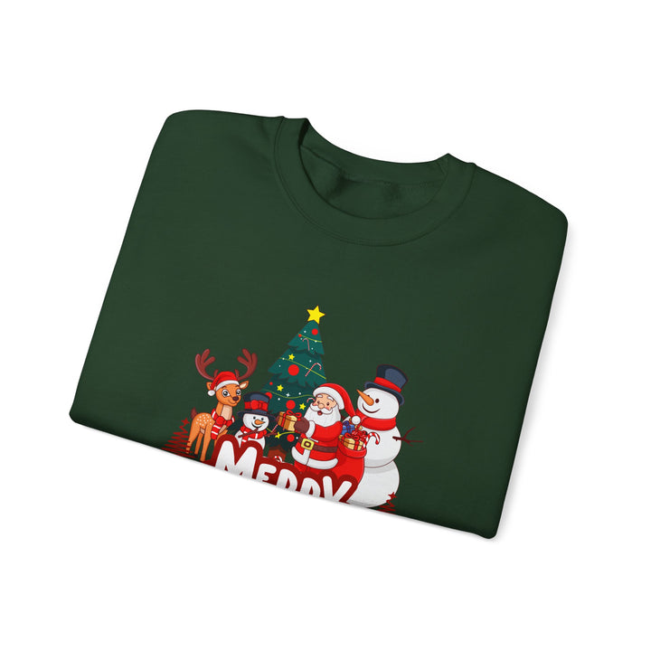 Christmas Crewneck Sweatshirt — 'Merry Christmas' Festive Holiday Sweatshirt with Santa, Reindeer & Snowman